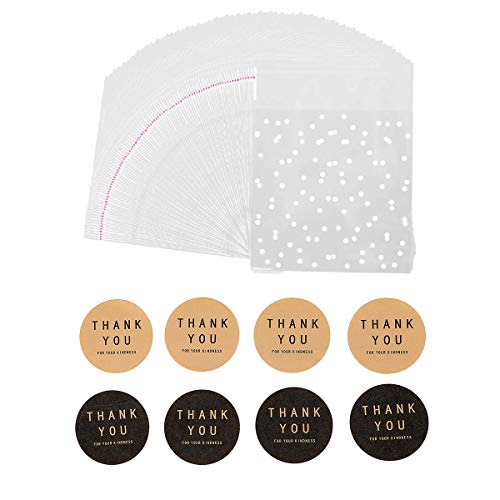 400PCS White Polka Dot Treat Bags Set Self Adhesive Candy Cookie Bags Set, 200 Cellophane Bags + 200 Thank You Sticker for Bakery Biscuit Chocolate Snacks Dessert (5.5x5.5Inches, White Polka Dot+Sticker)