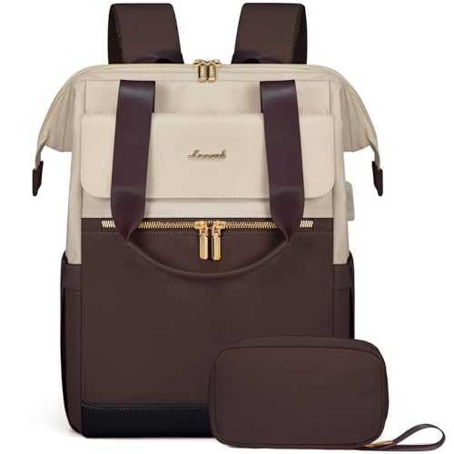 LOVEVOOK Laptop Backpack for Women, 15.6 Inch Work Laptop Bag with USB Port, Fashion Teacher Nurse Backpack Purse, Waterproof Travel Computer Backpack with Organizer Bag, 2PCS, Apricot-Coffee