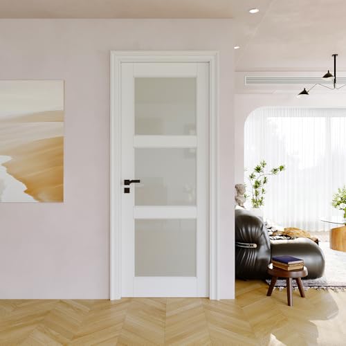 30" x 80" Slab Door, 3-Panel Pre-Assembled Frosted Glass Interior French Door Slab, Soild Core & Pre-Finished Single Panel for Pantry Bedroom Closet as Pocket, Bifold, Barn Doors-Shaker w/o Hardware