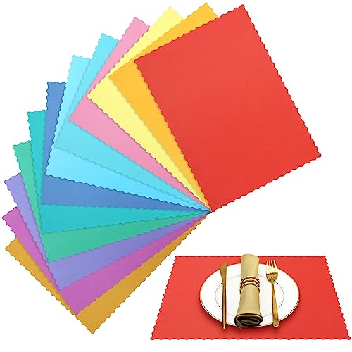 Panelee 120 Pcs Colorful Disposable Paper Placemats 10 x 14 Inch Rainbow Paper Place Mats with Decorative Wavy Scalloped Edge Blank Table Mats for Easter Wedding Catering Dining Party (Bright Color)