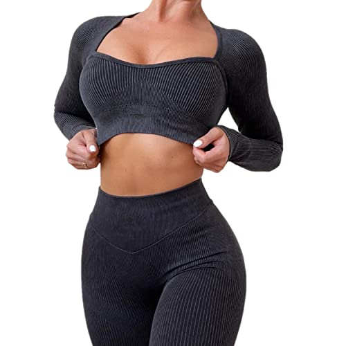 ABOCIW Workout Sets for Women 2 Piece Seamless Ribbed Sweetheart Neck Long Sleeve Crop Top Tummy Control Butt Litffing High Wasit Legging Sets #1 Black Medium