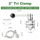 TAISHER 1PCS 304 Stainless Steel 2" Tri Clamp 64MM Ferrule Flange Sanitary Butterfly Valve with 2" Tri Clamp and Silicone Gasket