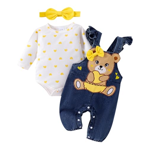 TOKIAGO 0-3 Months Baby Girl Clothes Newborn Outfits Fall Winter Infant Clothing 3pcs Cute Love Print Long Sleeve Romper Bear Cartoon Button Overalls Jeans Pants Bow Headband Set Yellow 0-3 Months