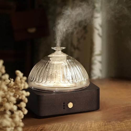 Glass Dome Essential Oil Diffuser with Glass Reservoir & Wood Base-Plastic Free, 200ml Ultrasonic Glass Diffuser for Aromatherapy with Timer 7 Color Light Auto-Off for Gift Home Office Yoga Dark Brown