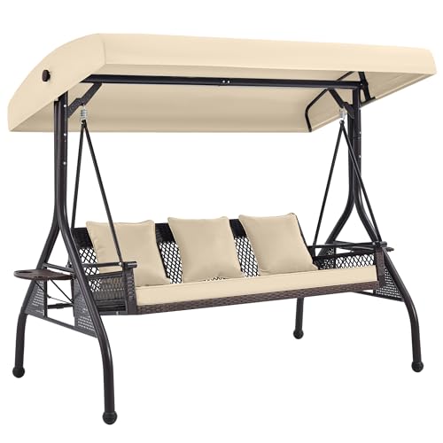 HOMREST 3 Seat Outdoor Porch Swing with Cup Holder, Adjustable Canopy, Convertible Patio Swing Bed with Stand, Patio Glider Swing with Thicken Cushions, Pillow for Backyard, Garden(Khaki)