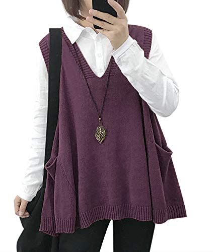 YESNO Sweater Vest Women Loose Swing Cotton Cute Oversized Knit Pullover Sleeveless Sweater Tops with Drop Pockets 2XL WM9 Purple