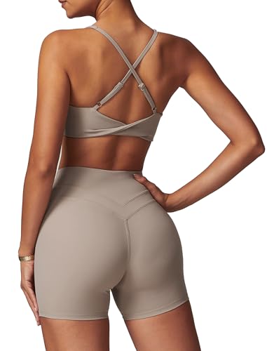 QBGJTD Womens Workout Sets U Neck Seamless Twist Cross Back Sports Bras Matching High Waist Slim Booty Lifting Biker Shorts 2 Piece Gym Yoga Active Wear Outfits Athletic Work Out Clothes Tan M