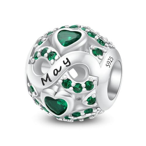LNQOBU Birthstone Charm 925 Sterling Silver Charms for Bracelets or Necklace with 5A Cubic Zirconia Birthday Charme Mother's Day Gifts (With one Spacer Beads)