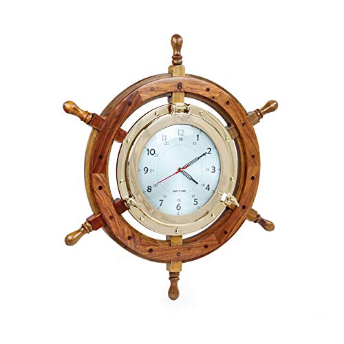 Nagina International Brass Nautical Full Porthole Tim'es Clock Ship Wheel | Pirate's Maritime Vintage [B0849ZWQYN]