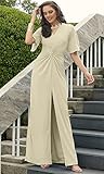 KOH KOH Plus Size Womens Long Sexy V-Neck Short Sleeve Cocktail Evening Bridesmaid Wedding Party Slimming Casual Summer Maxi Dress Dresses Gown Gowns, Nude Champagne Brown XL 14-16