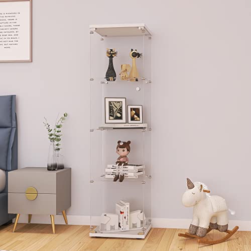 LFT HUIMEI2Y Glass Display Cabinet 4-Shelf with Door and Lock, Curio Cabinets Upgraded Quick-Install Style Tempered Glass Floor Standing Bookshelf for Bedroom, Living Room 65”x 17”x 14” White