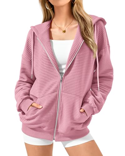 BTFBM Zip Up Hoodie Women Long Sleeve Sweatshirts Fall Outfits 2025 Oversized Hoodies Casual Fashion Jackets(Solid Pink,Medium)