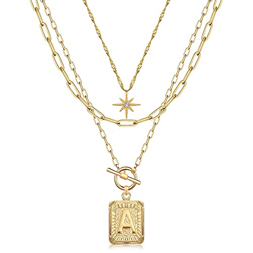 MJartoria Layered Initial Necklaces for Women Trendy, 14K Gold Plated Simple Star Choker Square Letter Pendant Necklace, Paperclip Chain Necklace, Gold Necklaces Jewelry Gifts (Gold, A.)