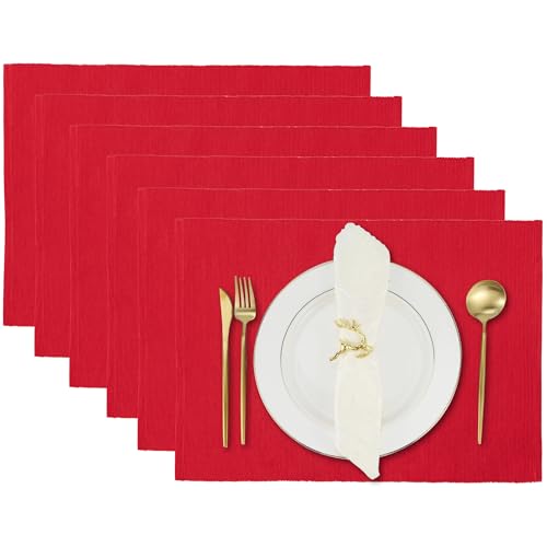 Chinese Red Placemats Set of 6, Cotton Ribbed Tabletop, Non-Slip Wrinkle Free Kitchen Table Mats for Dining Table, 13x19 Inch