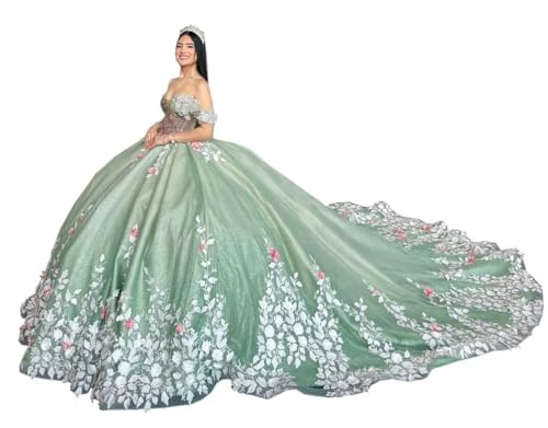 Mauuwy Sage Green Quinceanera Dresses for 15 Year 2024 Ball Gown Sexy Off The Shoulder 3D Applique Lace Beads Tull Long Party Dress for Girl Size 24 Plus