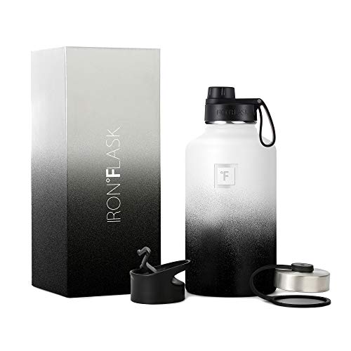 IRON °FLASK Camping & Hiking Hydration Flask with 3 Lids - Stainless Steel, Double Walled & Vacuum Insulated Water Bottle - Leak Proof & BPA Free (Day & Night, Spout - 64 oz)