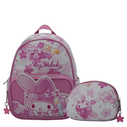 Hello Kitty My Melody 2 Piece Mini PU Backpack Purse, Sanrio Kawaii Shoulder Bag with Epoxy Filled Metal flower Charm & Utility Pouch, 10.5 Inch Anime Travel Bag, Faux Leather