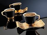 Mr Zoni Espresso Turkish Coffee Cups with Metal Holders and Saucers Set (Black - Gold)