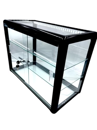 Elegant Black Aluminum Display Table Top Tempered Glass Show Case. Sliding Glass Doors with Lock - Option with LED Lights (with LED Lights)