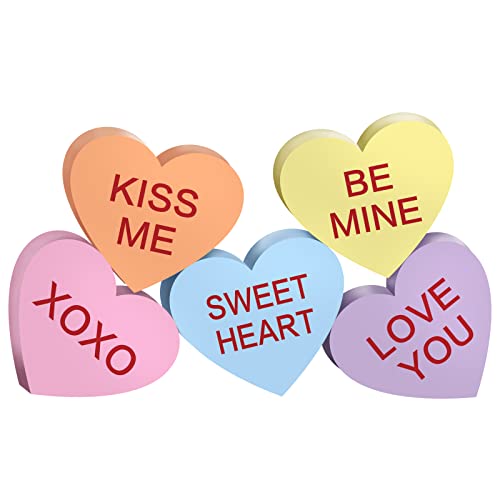 AnyDesign 5Pcs Valentine's Day Conversation Hearts Wooden Table Sign Colorful Heart Wood Tabletop Decoration Love You Be Mine Kiss Me Table Centerpiece Tiered Tray Decor for Wedding Home Shelf Display