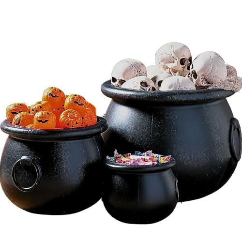 Fun Express Black Cauldron Pot 16", 12" and 8", Pack of 3, Create an Enchanting Halloween Atmosphere with Our Plastic Cauldron, Witch Cauldron Pots Endless Decor Possibilities