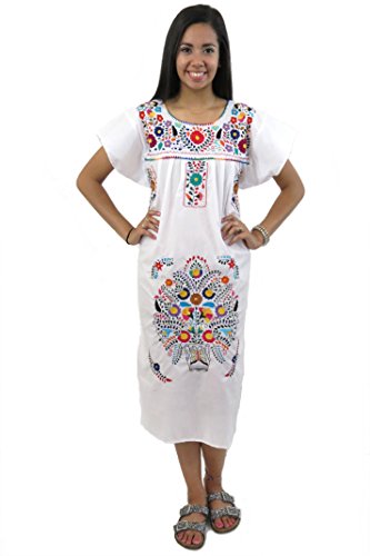 Mexican Dress Puebla Hand Embroidered (White, Large)