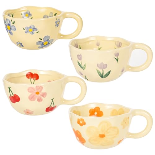 MAKCNMYM Ceramic Coffee Mug Vintage Flower Mugs 8 oz Cute Floral Coffee Mugs Irregular Latte Art Cup Lead-free Porcelain Cups for Cappuccino, Cocoa (4 Pack)