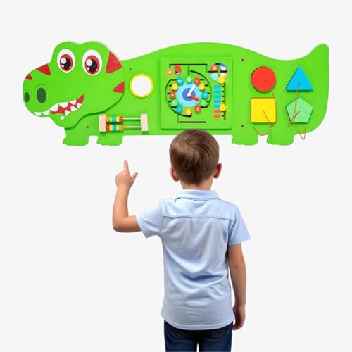 ECLENYES Montessori Busy Board Wall Panel, Wooden, Tyrannosaurus Rex Sensory Activities - Maze, Gears, Xylophone, Shapes, Animals, Dinosaur Design, 36 inches（Green）