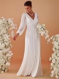 Ever-Pretty Women's V Neck Long Sleeves Floor Length Ruched Chiffon Formal Dress Cream US04