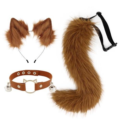 hbbhml Furry Animal Cat Fox Tail Faux Fur Wolf Ear Headband Leather Neck Chocker Costume Set for Party Halloween Cosplay