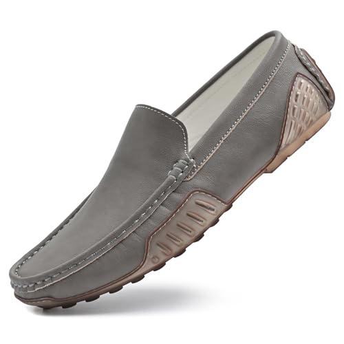 LUODENGLANG Men's Loafers Casual Shoes Slip On Premium Genuine Leather Driving Shose Penny Loafers for Men Lightweight Breathable Grey 10.5 M45