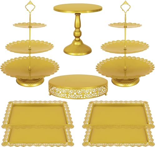 Fivenl 8 Pcs Cake Stand Gold Metal Dessert Table Display Set, 3-Tier Cupcake Stand, Cake Display Tower and Cookie Tray Rack Serving Tray for Birthday Party, Weddings, Baby Shower (Gold)