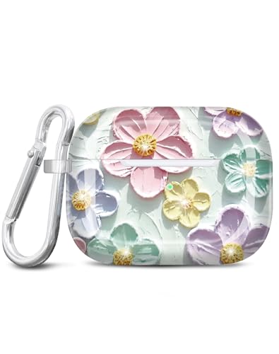 JIAXIUFEN Design for AirPods Pro 2 Gen 1 Gen Case Cover Retro Oil Painting Printed Flower Protective TPU Skin Accessories for Women Girl with Keychain, Mint Colorful