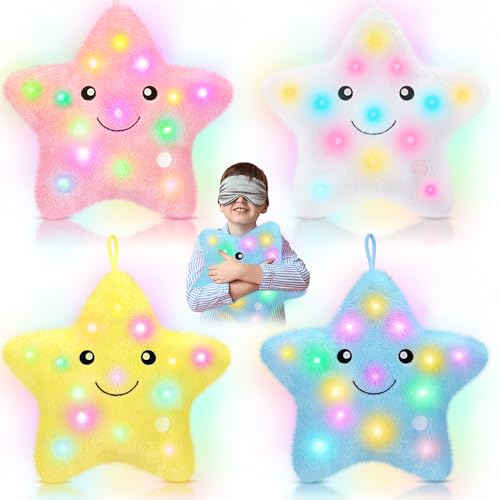 Spiareal 4 Pieces 15.7" LED Twinkle Colorful Star Pillow Glow Plush Throw Pillows Soft Light up Star Pillows for Kids Girls Easter Birthday Decoration, Yellow, White, Pink and Blue