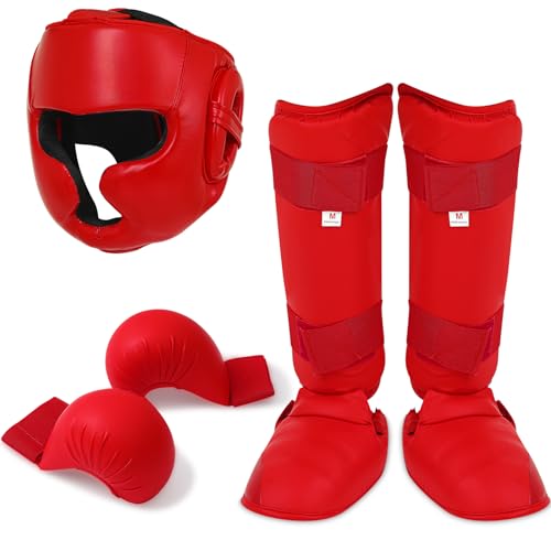 Simgoing 5 Pcs Red Sparring Gear Set 1 Pcs Boxing Headgear Safety Helmet 2 Pcs Karate Gloves 2 Pcs Karate Shin Guards and Karate Shoes Boxing Gear Equipment for Beginner Kid Adult Protective Training