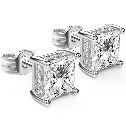 UNFAAR 18K White Gold Plated Sterling Silver Princess Cut Cubic Zirconia Stud Earrings Square CZ Diamond Stud Earrings for Women Men Hypoallergenic (6MM, Clear)