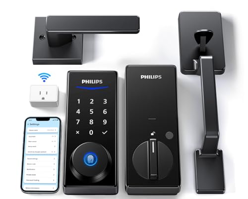 Philips Wi-Fi Smart Lock with Handle, Keyless Entry Keypad Door Lock with Handle, Front Door Deadbolt Set with WiFi Gateway, App Control, Fingerprint Unlock, PIN Code Unlock, Auto Locking