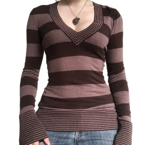 Women Y2k Striped Long Sleeve Slim Tops Color Block Round Neck Harajuku Tees Vintage 90s Shirts Streetwear Aesthetic Clothes