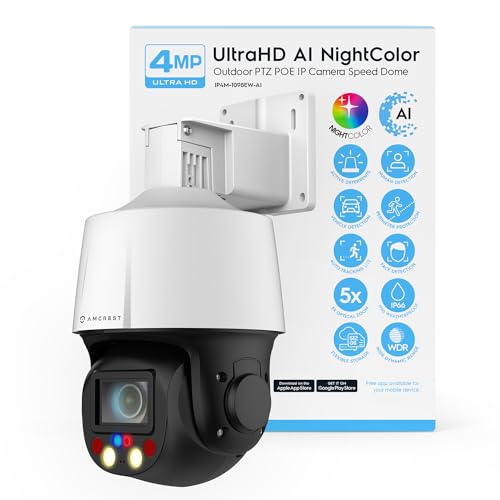 Amcrest 4MP Outdoor PTZ POE + AI IP Camera Pan Tilt Zoom (Optical 5X Motorized) Security Speed Dome, Human and Vehicle Detection, IVS, Face Detection, Auto Tracking, POE+ (802.3at) IP4M-1098EW-AI