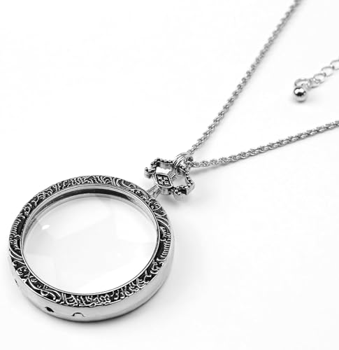 10X Magnifier Necklace, 40mm Diameter Magnification Lens Glass Pendant, Portable Pocket Magnifying Optical Loupe Monocle Vintage Chain Jewelry for Large Zooming Reading Book Craft Library Women-Silver