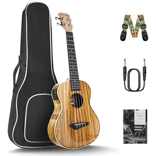 Caramel 26inch CT103 Zebrawood High Gloss Tenor Electric Ukulele Professional Ukelele Kit Beginner Guitar Starter Bundle Strings, Padded Gig Bag, Strap