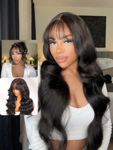 Nadula 7x5 Bye Bye Knots Curtain Bangs Wig Glueless Pre Everything Loose Wave Wigs Human Hair Pre Plucked Pre Cut Invisible Bleached Knots Ready to Wear Wig Natural Black Color 180% Density 16inch