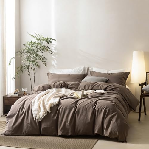 BDEAR Linen Feel Light Chocolate Brown Duvet Cover Queen Size 90'' L x 90'' W, 100% Washed Cotton Duvet Cover with Zipper Closure Plus 2 Pillowcases, Oeko TEX Standard Certificated