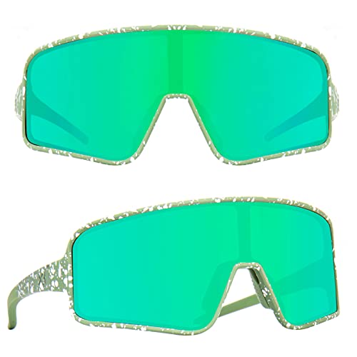 MAXJULI Polarized Sunglasses for Men Women, Windproof Outdoor Sports Cycling Running UV400 Protection Sun Glasses (Green with White Splatter/Green Lens)