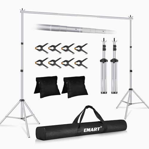 EMART Backdrop Stand 10x8.5ft(WxH) Photo Studio Adjustable Background Stand Support kit with 2 Crossbars, 8 Clamps, 2 Sandbags and Carry Bag for Parties, Events Decoration, Wedding, Photography-Silver