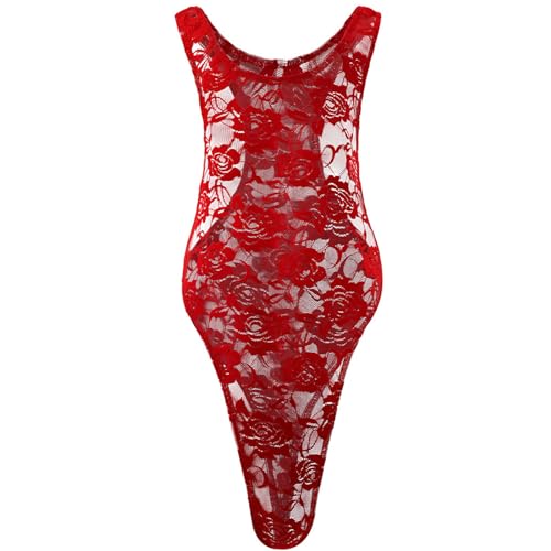 GENEMEN Mens Sheer Bodysuit Sexy Mesh Lace Floral One Piece Swimsuit Sissy Thong Leotard Jumpsuit (Red)