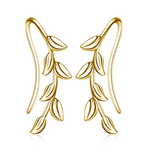 Gold Ear Climber Crawler Cuff Sterling Silver Leaf Earrings for Women,Wrap Earrings (gold leaf earrings)