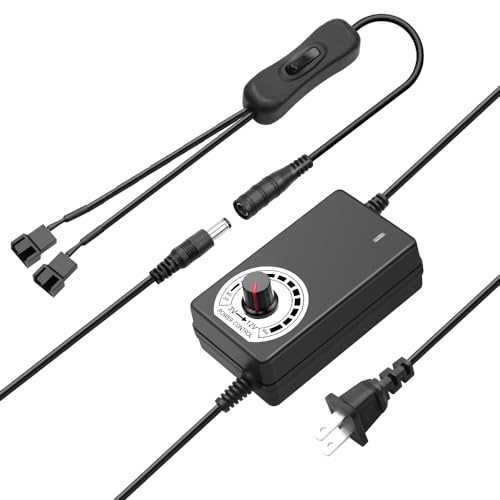 SHNITPWR 12V Fan Power Supply PC Fan Speed Controller 110V-240V AC to DC 3-12V 2A 24W PC Fan Adapter Adjustable pwm Fan Controller with Fan Splitter Cable DC Female to 2 x 3/4 Pin Multi-Functional