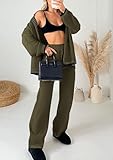 PRETTYGARDEN Women's 2 Piece Outfits Knit Matching Lounge Sets Long Sleeve V Neck Cardigan Sweaters Wide Leg Pants Tracksuits (Khaki Green,Small)