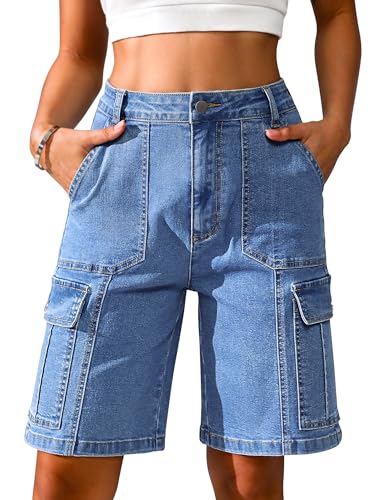 Eddoyee Bermuda Cargo Jorts for Women High Waisted Denim Shorts 6 Pockets Stretchy Long Jean Shorts Knee Length(Blue Jean, Medium)